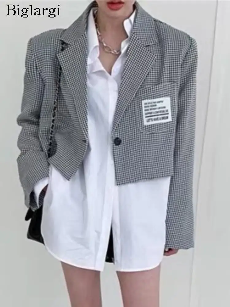 

Autumn Jacket Coat Women Korea Style Plaid Print Long Sleeve Ladies Cropped Coats Fashion Casual Loose Woman Coat 2023