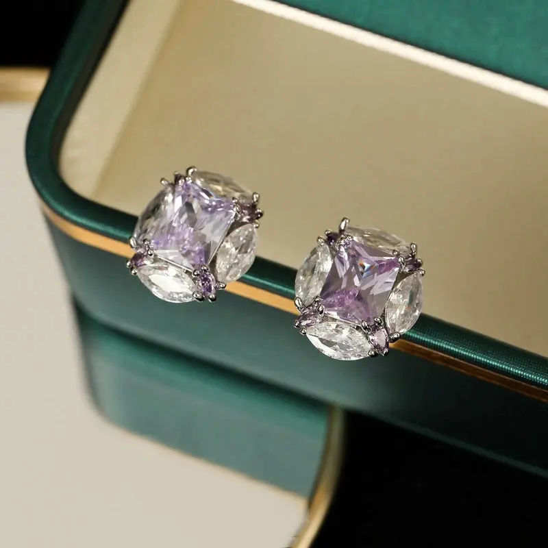 

Copper Oval Cubic Zirconia Gold Earrings Studs for Women Hypoallergenic S925 Silver Needle Purple Pink Luxury Jewelry Gift