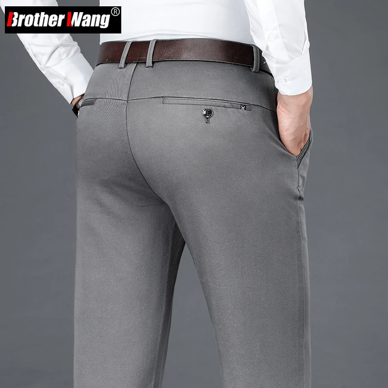 

2022 Autumn Winter New Bamboo Fiber Fabric Men's Thick Straight Casual Pants Business Fashion Stretch Brand Trousers Khaki Grey