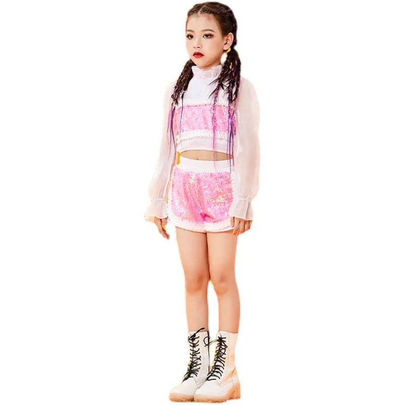 

Girls Jazz Jazz Street Dance Clothes Pink Sequins Suit Stage Catwalk Festival Outfits Hip Hop Dance Performance Clothes 120-170