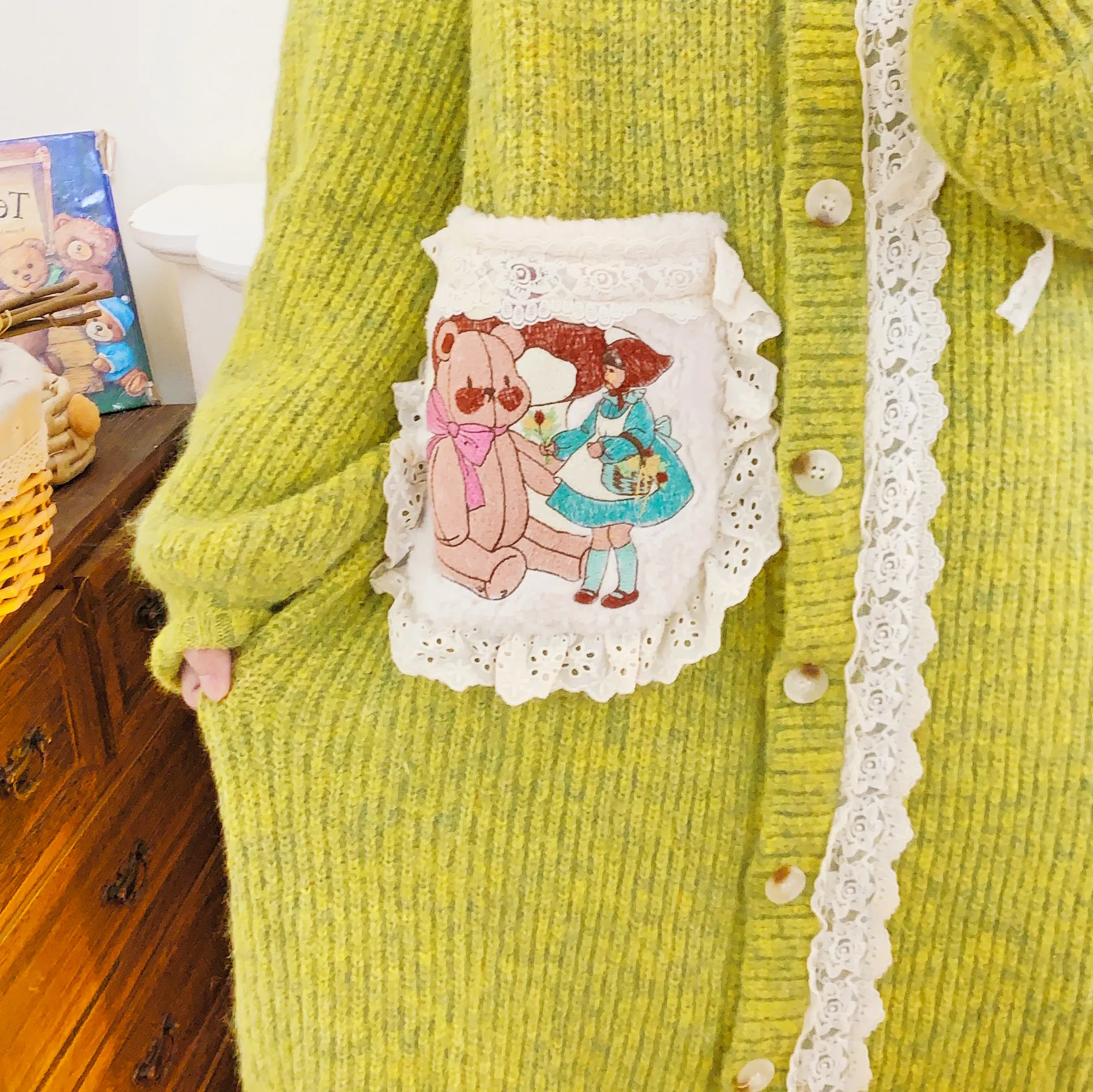 Женский кружевной лоскутный вязаный длинный кардиган с рукавами-фонариками