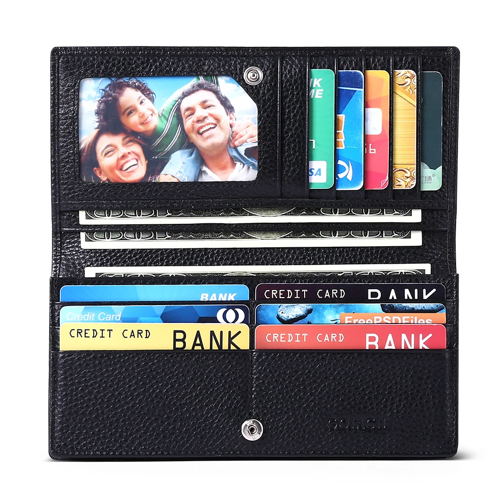 Genuine Leather Long Women Thin Wallets Large Capacity Female Coin Purses Hasp Clutch ID Credit Multi-Card Holder Money Bag Clip
