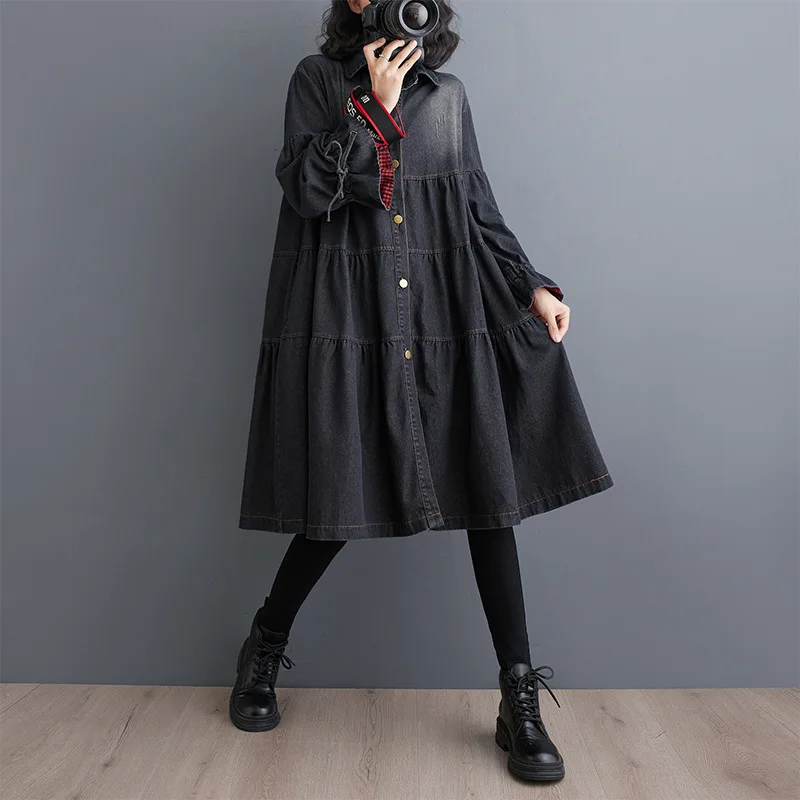 

SuperAen 2024 Autumn Spring New Casual Loose Denim Luffy Dress A-LINE Flare Sleeve Women Dress