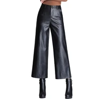 faux leather women%e2%80%98s high waist wide leg ankle length capris baggy black shiny loose pant korean trousers