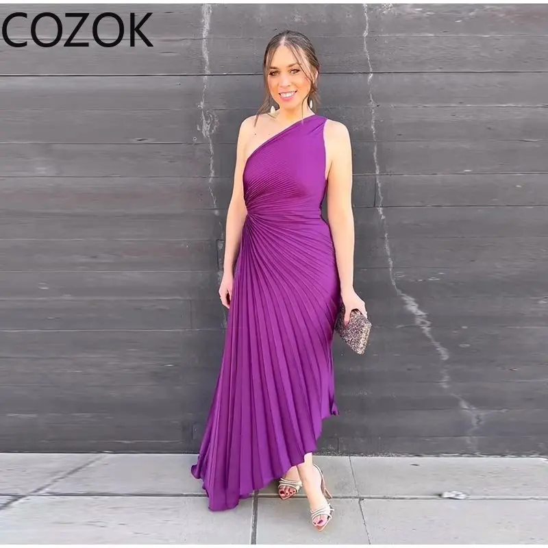 

Women Elegant Ruffled One Shoulder Pleated Maxi Dresses Fashion Sleeveless Irregular Frock 2023 Trend Party Banquet Vestidos