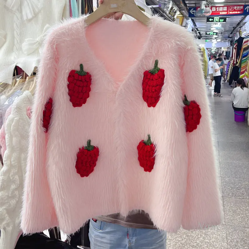 

Three-Dimensional Cherry Cardigan for Women 2023 Spring Winter Korean Comfortable Thickened Mink-like Knitted Sweater Coat Short