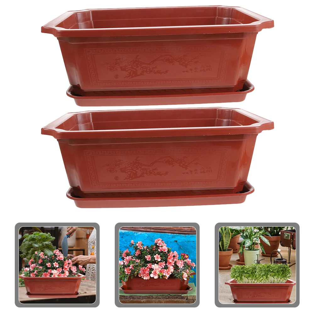 

2 Sets Classical Bonsai Pot Garden Use Large Size Flowerpot Large Rectangular Cultivation Pot with Tray