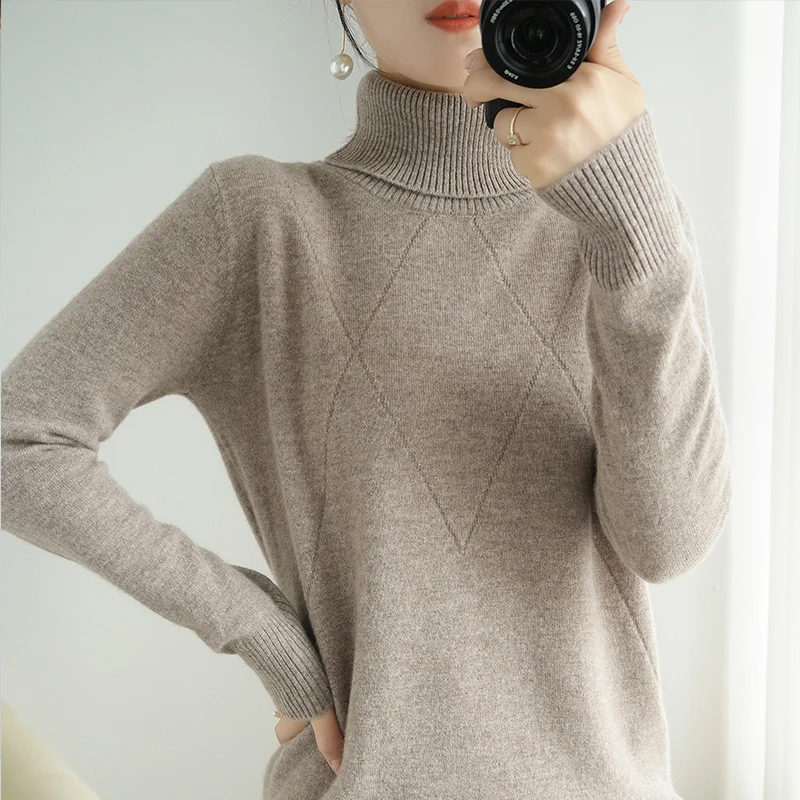 

High Neck 100% Wool Cashmere Sweater Women Loose Pullover Sweater Inside And Outside The Knitted Sweater Long Sleeve Basic S-XXL