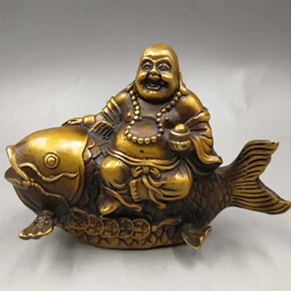 6 дюймов Тибет Медь Латунь Животное Богатство Рыба удачи Майтрейя Будда