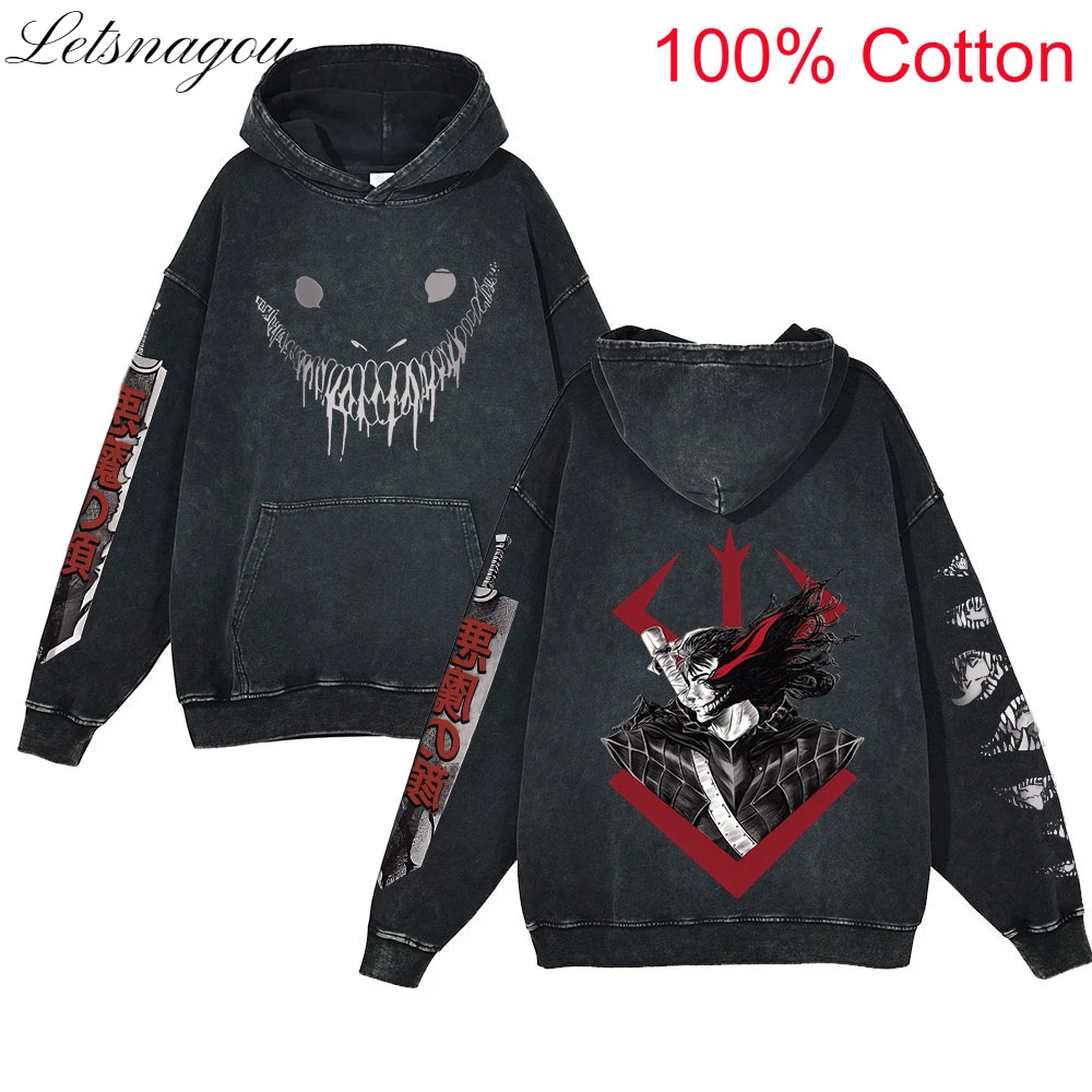 

Anime Berserk Guts Hoodies Men Hip Hop Streetwear Wash Retro Hooded Pullover 100% Cotton Sweatshirt Casual Tops Y2K Clothes