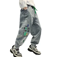 korean jeans trousers for teenage boys spring autumn children letter print denim pants cotton loose clothes for teens 4 15 years