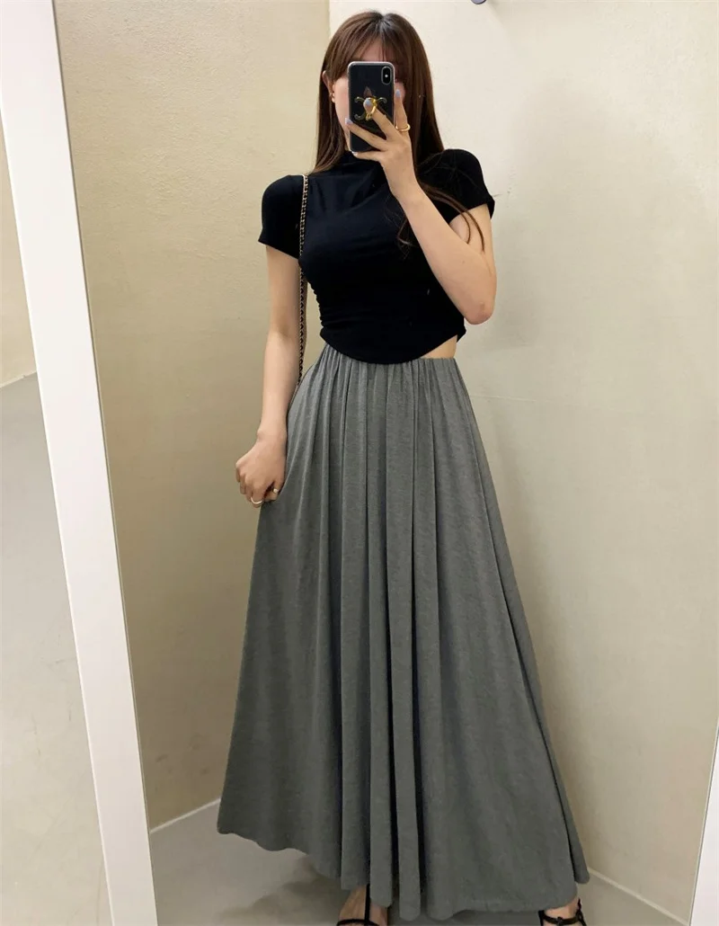 

Korean 2 Piece Set Elegant Women Set Fashion Black Knitted Short Sleeve T-Shirt Top + Grey High Waist Slim A-Line Long Skirt Set