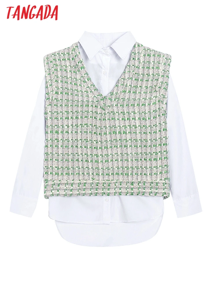 

Tangada Women Retro Tweed Patchwork Loose Blouse Shirt Long Sleeve 2022 Chic Female Shirt Tops 6H92