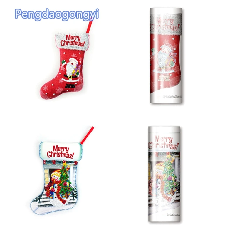 

5D DIY Round Christmas Stockings Santa Claus Snowman Tree Pendants Gift Bag Embroidery for Cross Stitch Crafts