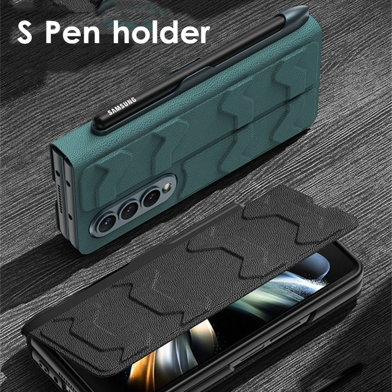 Leather Flip Cover for Samsung Galaxy Z Fold 4 Case With S Pen Slot Card Slot Front Glass Case 360 Full Protection ( NO S Pen)