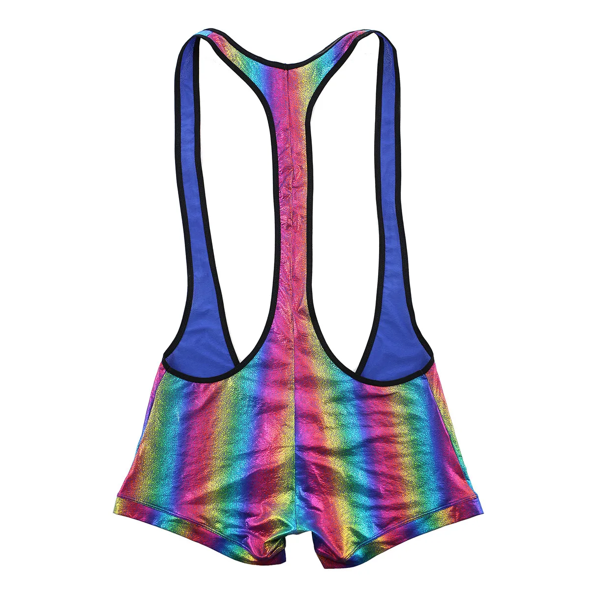 YUFEIDA Sexy Mens Faux Leather Undershirts Leotard Sport Bodysuit Jumpsuits Gay Rainbow Stripe Leather Wrestling Singlet Teddies