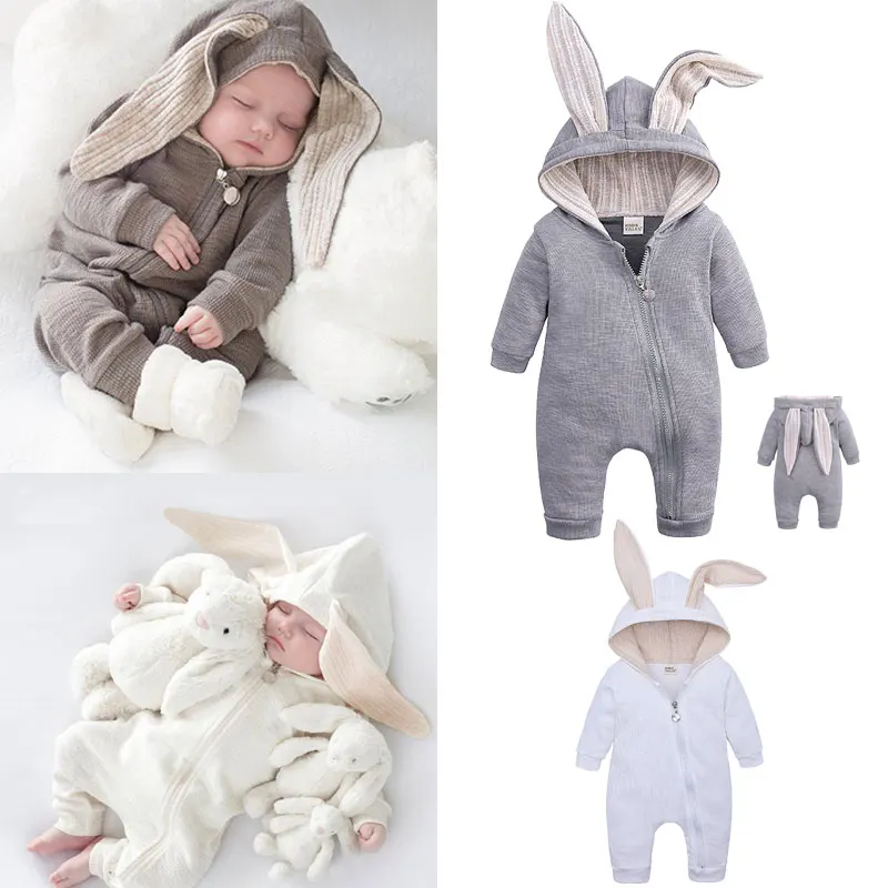 New Born Baby Boy Onesies Cloth Infant and Children's Big Ear Rabbit Hooded Zippered Jumpsuit Bodysuit Bebes Pajamas 0-18months