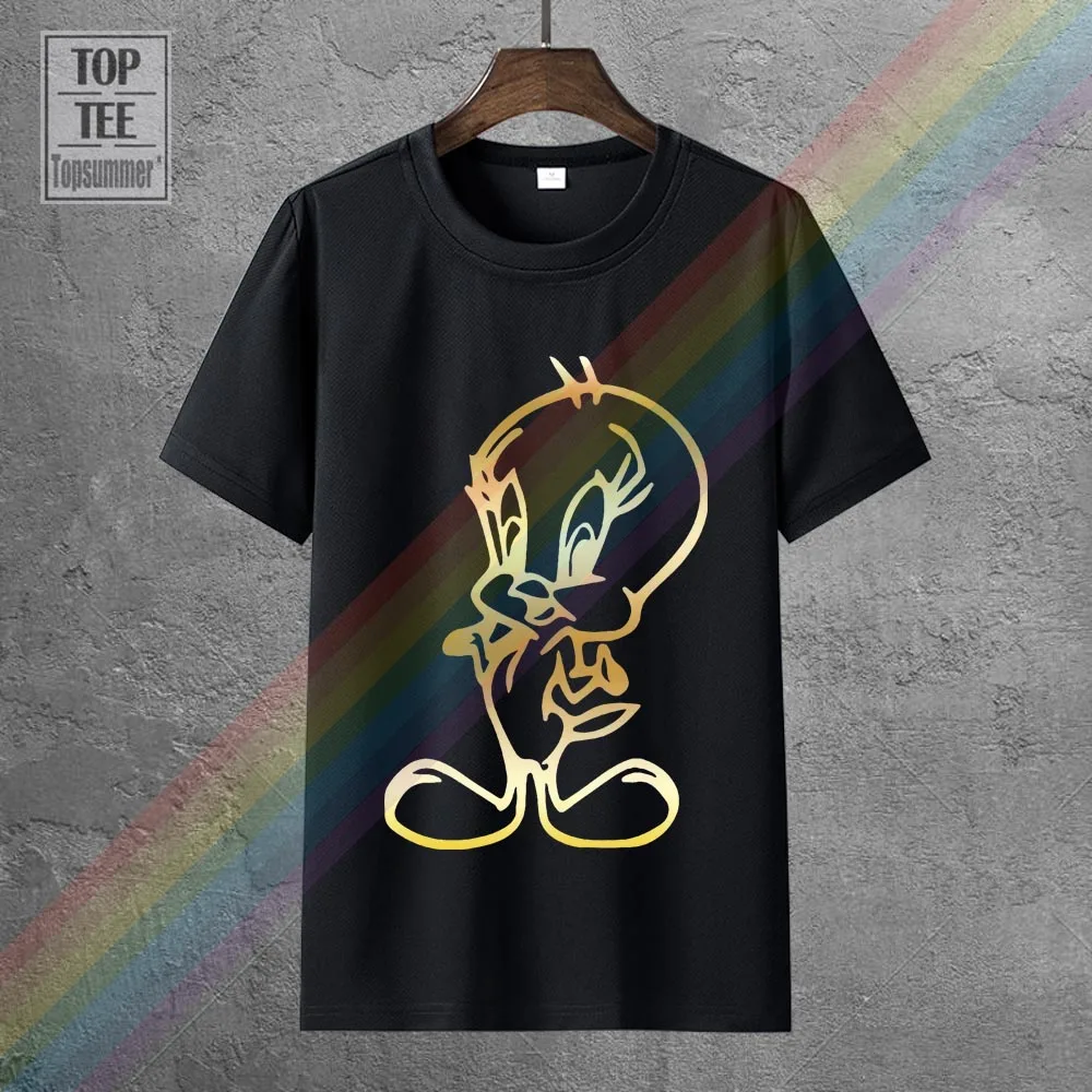 

Crew Neck Short Sleeve Cartoon Cute Tweety Bird Cotton T-Shirts Black Plus Size Top Tee