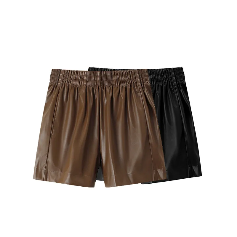 

Шорты женские из экокожи с завышенной талией, повседневные мешковатые модные короткие брюки с широкими штанинами, черные уличные штаны, вес...