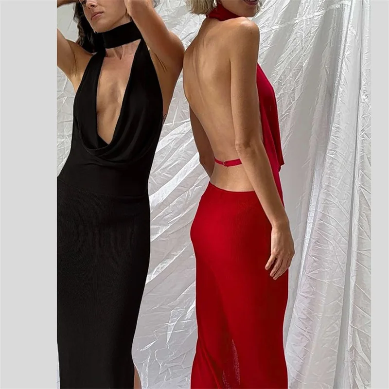 Сексуальное женское платье для выпускного вечера с лямкой на шее и V-образным