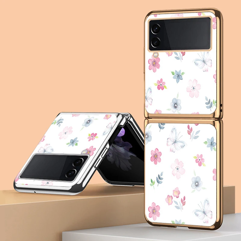 

Funda Case for Samsung Galaxy Z Flip 3 Z Flip 4 Z Flip 2 5G Fresh Butterfly Floral Tempered Glass Protection Phone Case Cover