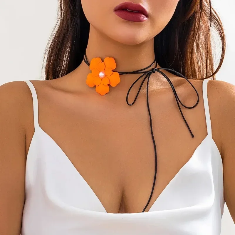 Гладкое атласное колье-чокер с цветком для женщин модная длинная веревочная