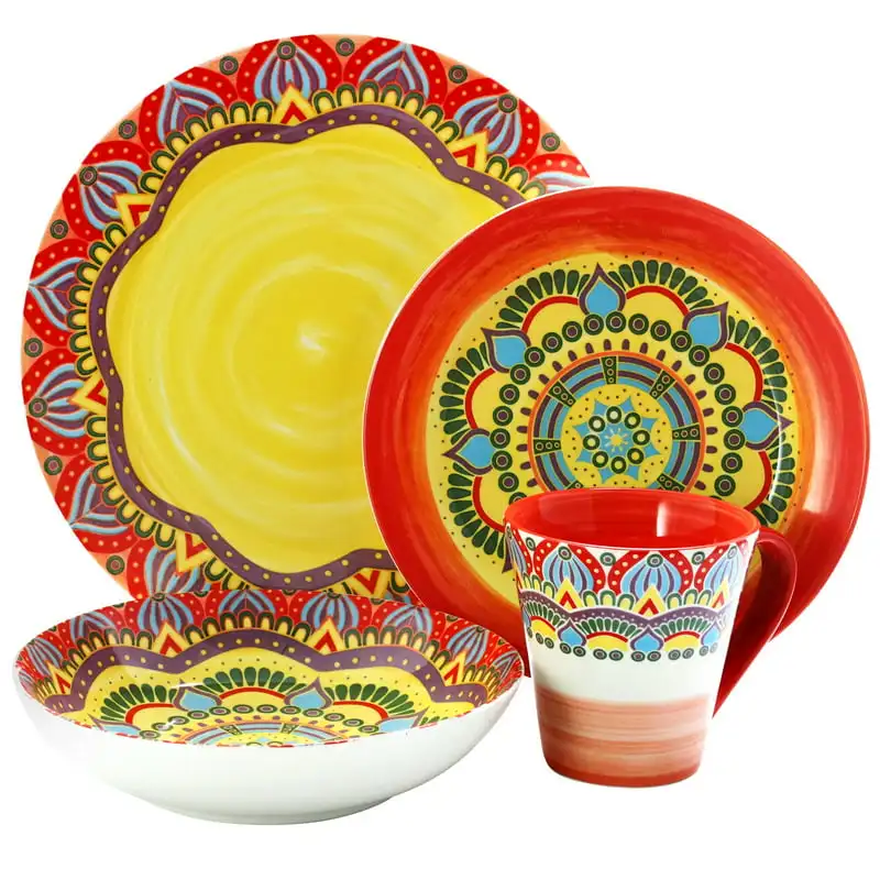 

-Прочные, уникальные и стильные керамические тарелки, миски и чашки, уникальный и стильный красный мозаик, набор из 16 предметов керамической посуды-прочная