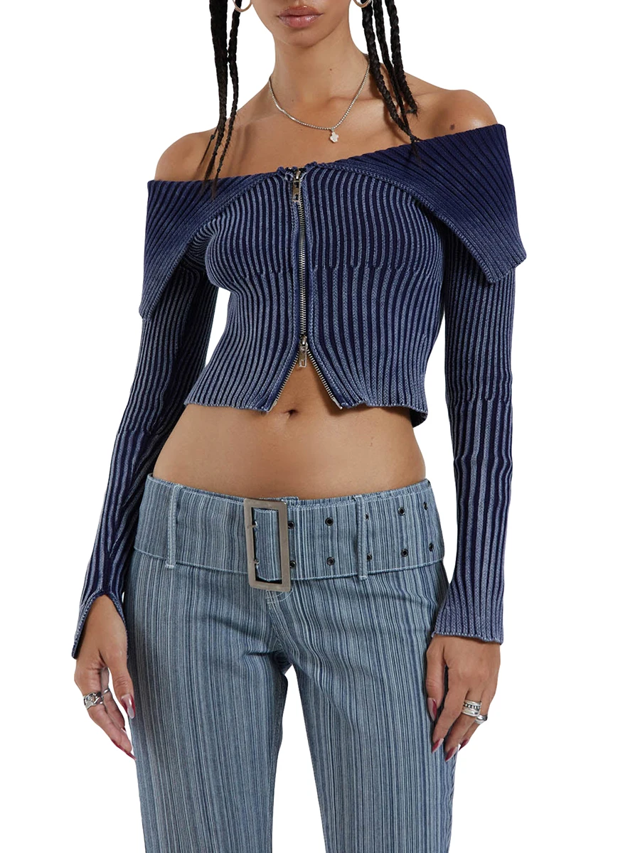 

Женский укороченный топ в рубчик, рубашка с отворотом и двойной молнией, футболка с открытыми плечами и длинным рукавом, облегающая футболка, уличная одежда