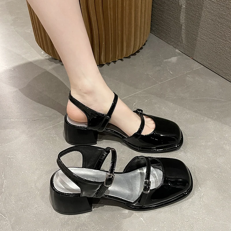 Woman Shoe Mary Jane Summer High Heels Chunky Sandals Navy Blue Pumps Sweet 2023 Burgundy Straps Lolita Closed Black Bei
