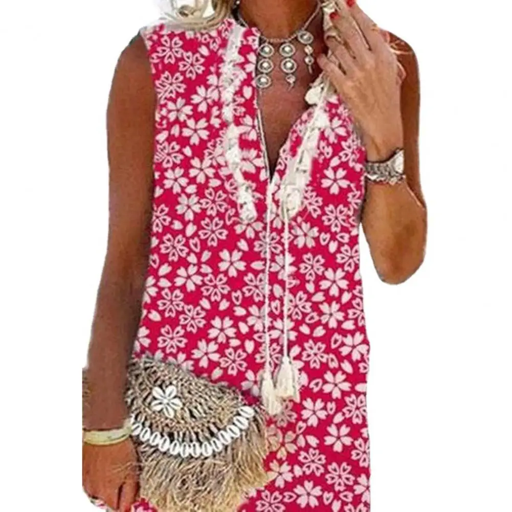 

Casual Women Dress V Neck Printed Tassels Trendy Elegant Streetwear Polyester Sleeveless Design Ladies Dress Spring Clothing
