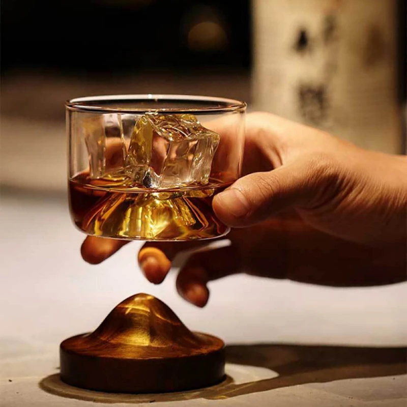 Japanese Style Whiskey Glass Cup 3D Mountain Whisky Rock Glass Glacier Vodka Cup Wine Tumbler Cocktail Cup with Wooden Bottom images - 6