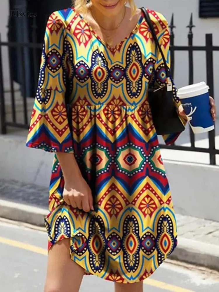 

2022 Women Vintage Pattern Print Beach Mini Dress Casual O Neck Party Dress Lady Fashion 3/4 Flare Sleeve A-Line Dress Vestidos