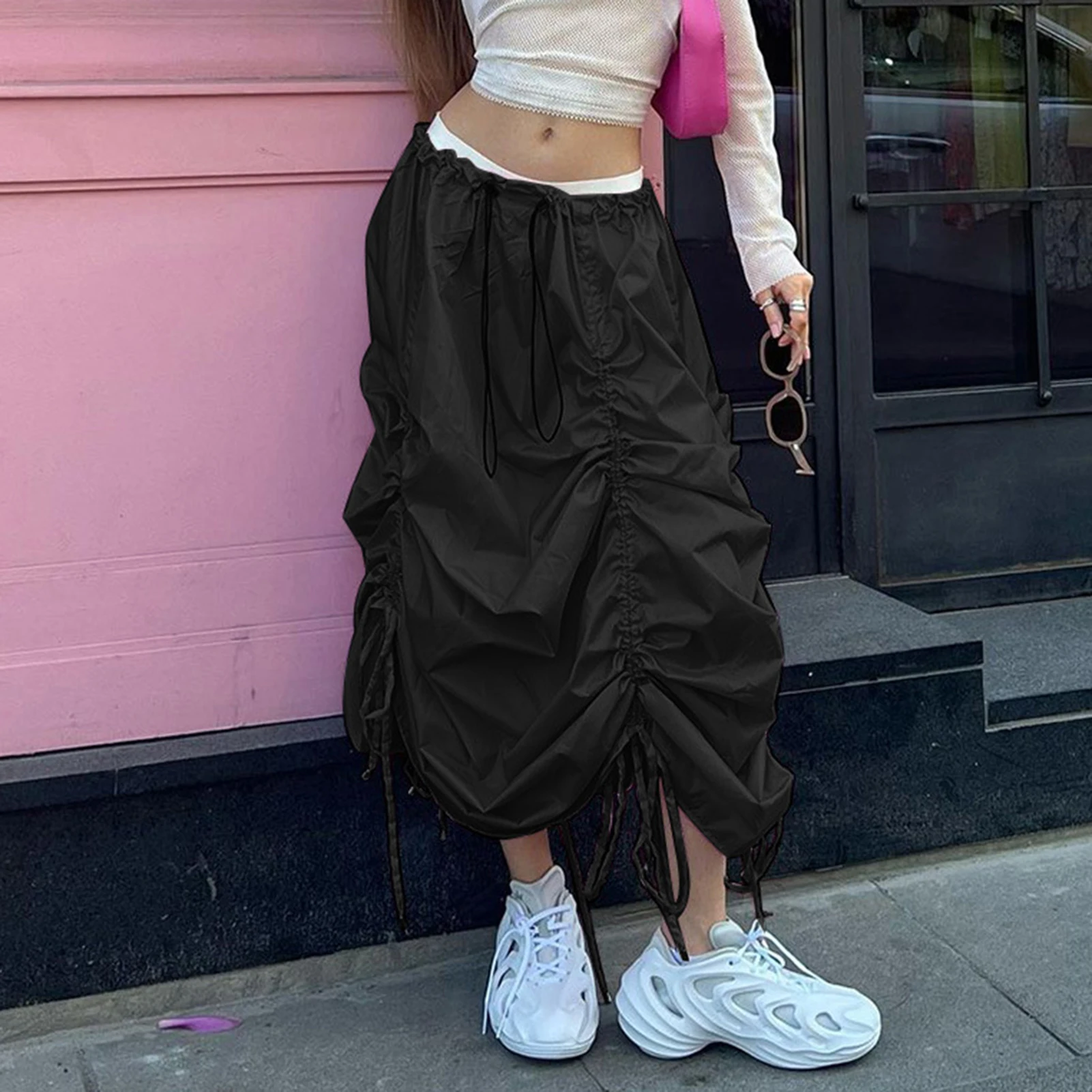 

Women Shirred Long Skirt Autumn Skirts Pleated Ladies Drawstring Skirt Y2K Harajuku Style Loose Fit Solid Color Daily Outfit