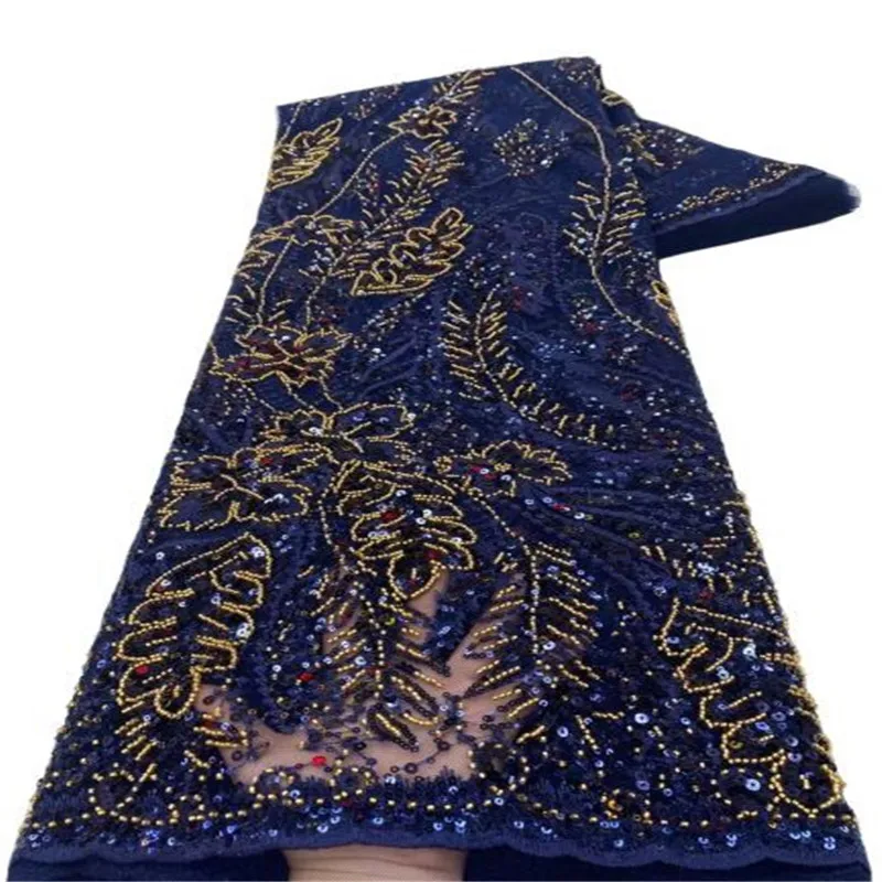 

Синие Французские тюлевые бусины, кружевная Ткань 5 ярдов 2023, Высококачественная нигерийская Свадебная вышивка с блестками, африканская кружевная ткань