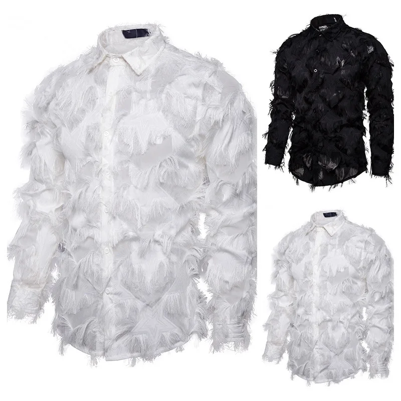 Men's Shirts Handmade Three-dimensional Feather Fabric Features Henry Collar Long Sleeve Shirts Clothing Men's New Style 2022