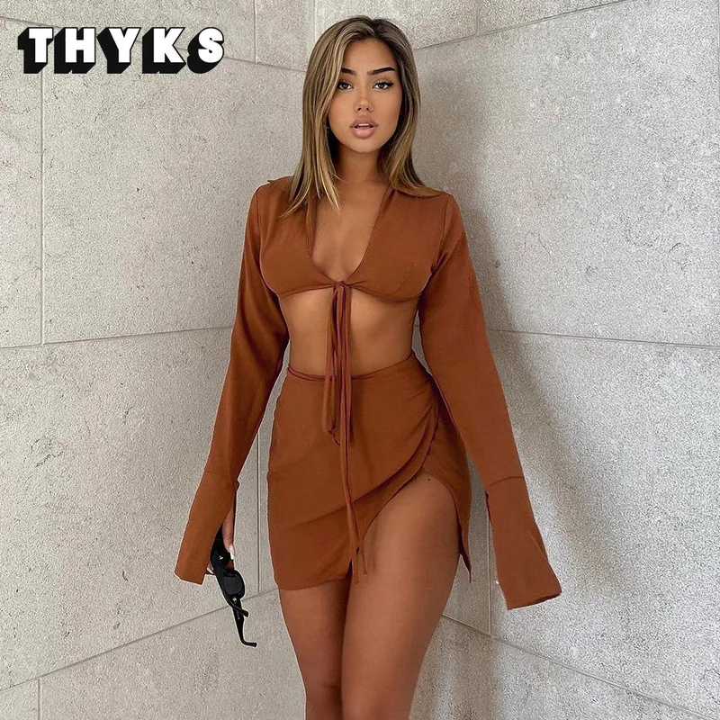 

Solid Casual Two Piece Set Women Sexy Long Sleeve V-Neck Lace Crop Top Side Slit Mini Skirts Matching Lady Y2k Vacation Outfits