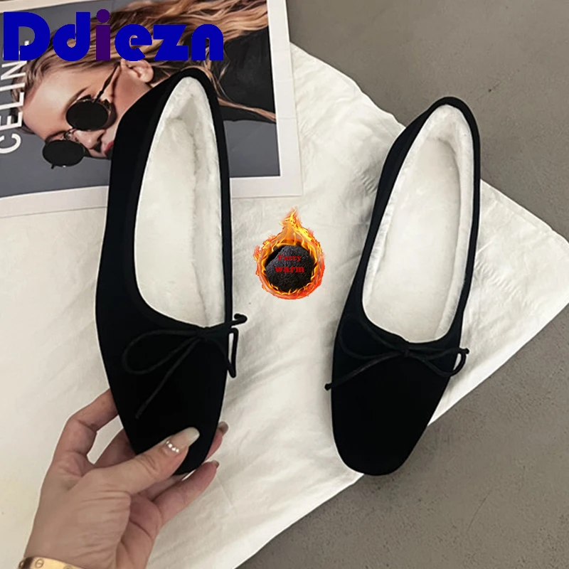 

Warm Fur Lolita Style Ladies Shoes Female Shallow Round Toe Dance Footwear Ballet Flats With Women Fashion Butterfly Knot Shoes