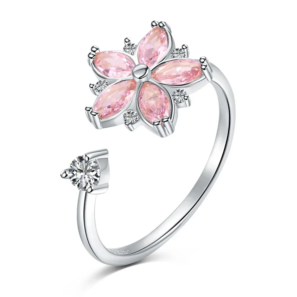 

INS New S925 Sterling Silver Flower Set Diamond Decompression Rotable Opening Series Fashion Ring Wedding