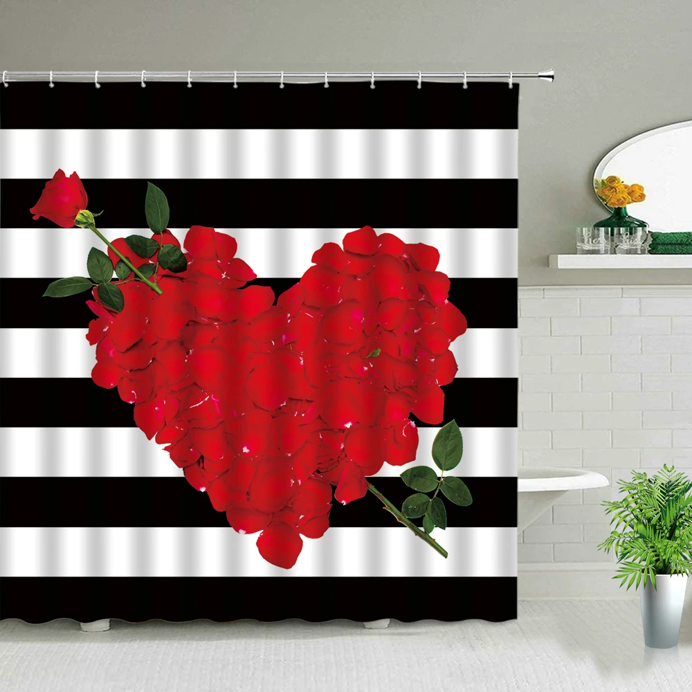 

Fabric Farmhouse Flower Shower Curtains Green Tropical Leaf Bird Rose Floral Plant Scenery Bathroom Curtain Set With Hooks