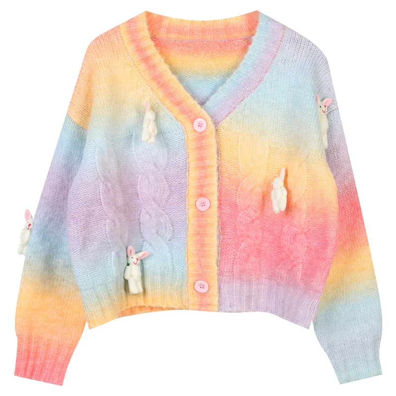 

2021Autumn New Women's ClothingVCollar Long Sleeve Rainbow Gradient Rabbit Doll Loose Short Knitted Cardigan Jacket