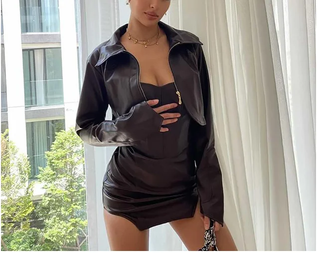 Укороченный женский топ из ПУ кожи Элегантная черная Свободная верхняя одежда с