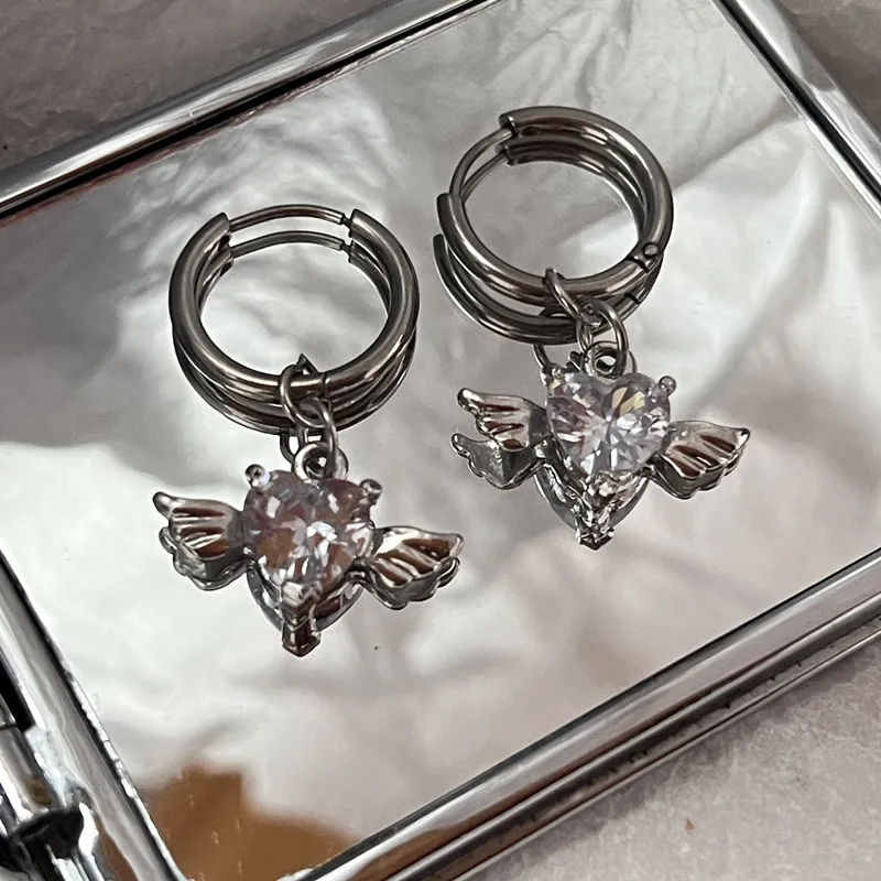 Серьги-гвоздики с ангельскими крыльями и сердцем для женщин блестящие