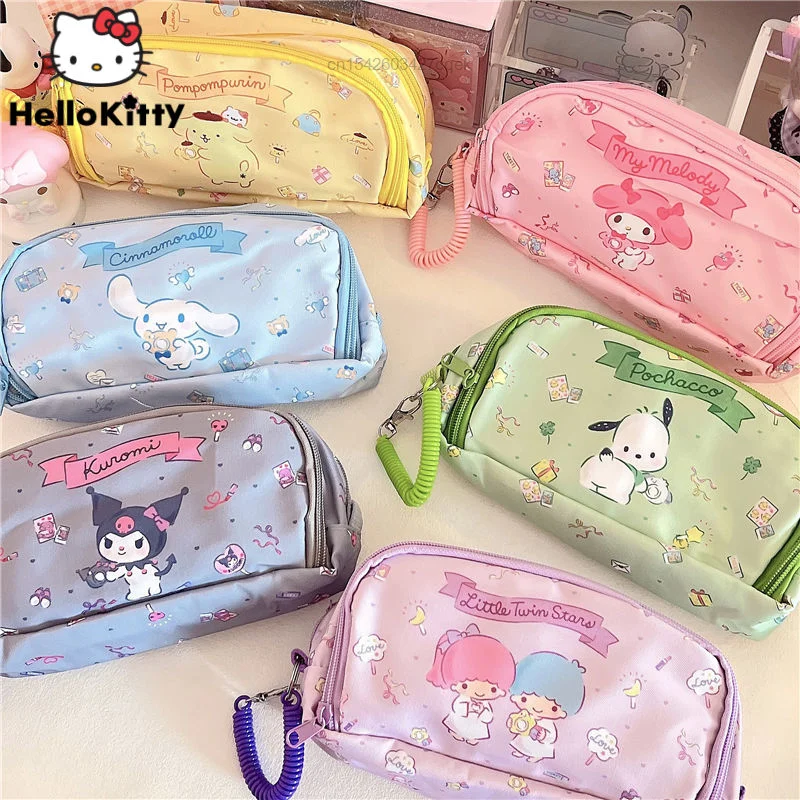 Sanrio Cartoon Double Layer Bags Kuromi Pochacco Student Stationery Supplies Large Capacity Pen Pencil Bag Y2k Cute Cosmetic Bag