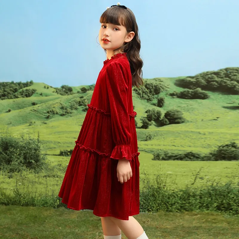 

2022 Spring New Teen Girls Solid Color Dress Bow Ruched Baby Kids Retro Princess Dresses Children Elegant Clothing