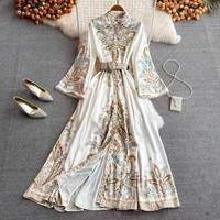 spring and autumn new palace style retro print long sleeved waist length dress fashion single breasted stand up collar dress
