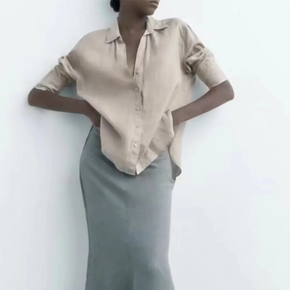 

2022 women's early autumn new linen shirt dovetail style loose fashion Western style roll-up sleeve temperament top