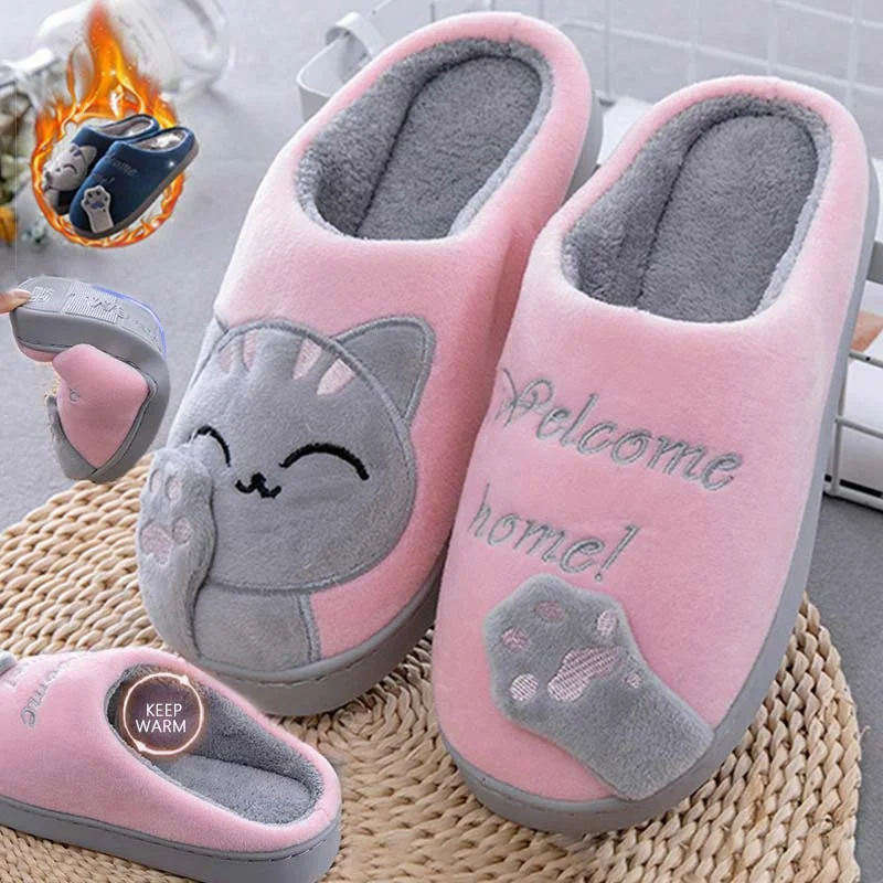 

Winter Plush Flat Slippers Warm Cute Cartoon Embroidered Round Toe Flats Indoor Women's Bedroom Shoes Zapatillas Casa Mujer