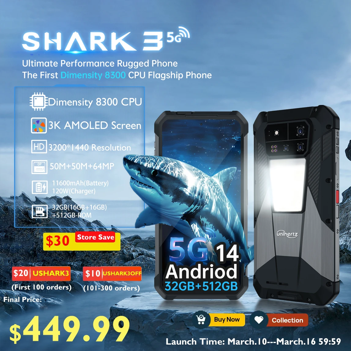 Фото Смартфон Unihertz SHARK 3 от 8849, Android 14 32 ГБ, 512 ГБ, размер 8300, 3K AMOLED-экран, 11600 мАч, ночная камера, прочный телефон 5G №1