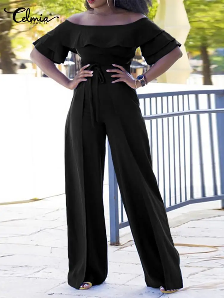 

Celmia Women Flare Sleeve Jumpsuits Sexy Off Shoulder Layered Loose Romper Summer Casual Patchwork Wide Leg Oversalls Streetwear