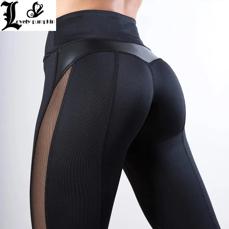 High Waist Fitness Leggings Women for Legging Workout Women Mesh And PU Leather Patchwork Legging